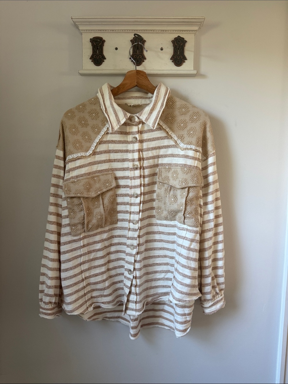 POL Cream and Tan Striped Button-Down Shirt Jacket